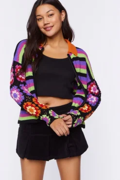Crochet-Sleeve Striped Zip-Up Sweater