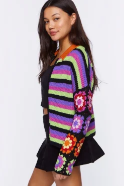 Crochet-Sleeve Striped Zip-Up Sweater