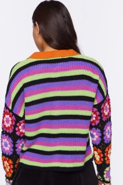 Crochet-Sleeve Striped Zip-Up Sweater