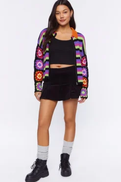 Crochet-Sleeve Striped Zip-Up Sweater