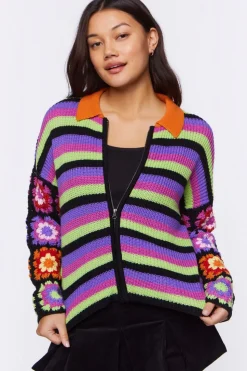 Crochet-Sleeve Striped Zip-Up Sweater