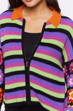 Crochet-Sleeve Striped Zip-Up Sweater