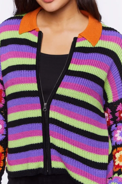 Crochet-Sleeve Striped Zip-Up Sweater