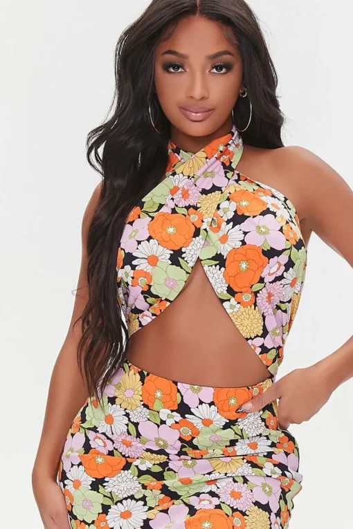 Crossover Floral Print Halter Dress