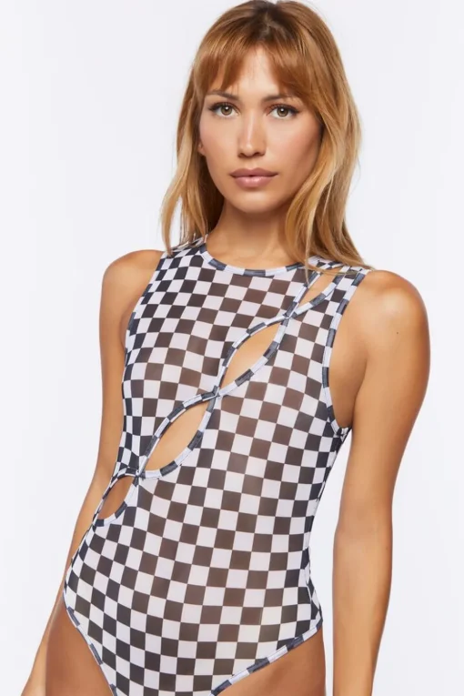 Cutout Checkered Bodysuit