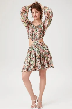 Cutout Floral Print Mini Dress