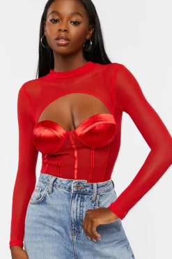 Cutout Mesh Sweetheart Bodysuit