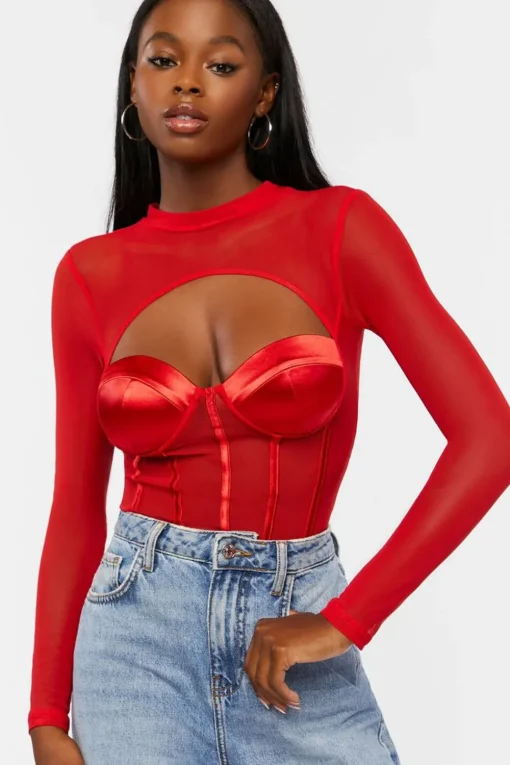 Cutout Mesh Sweetheart Bodysuit