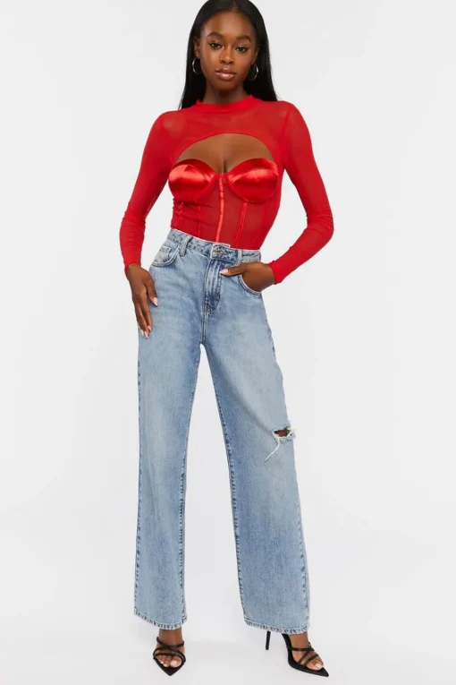 Cutout Mesh Sweetheart Bodysuit