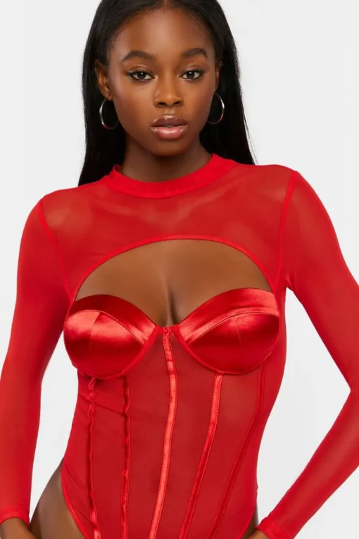 Cutout Mesh Sweetheart Bodysuit