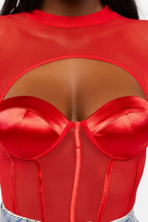 Cutout Mesh Sweetheart Bodysuit