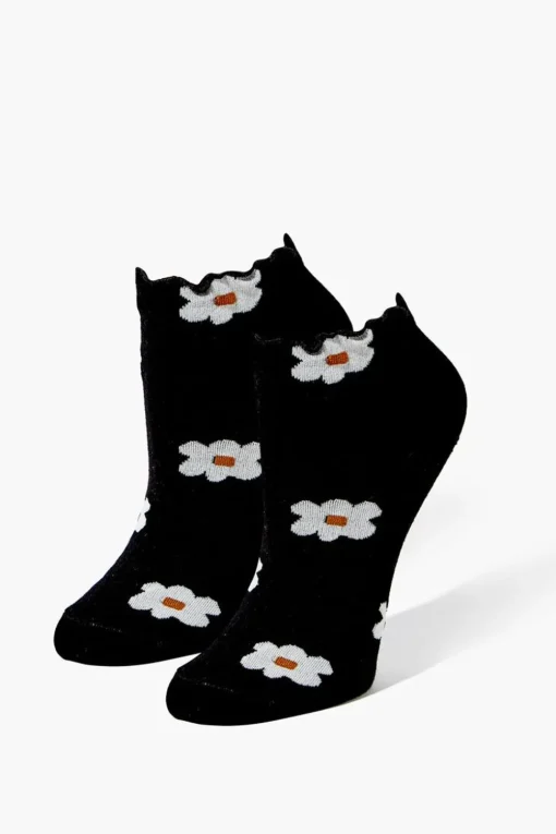 Daisy Print Lettuce-Edge Ankle Socks