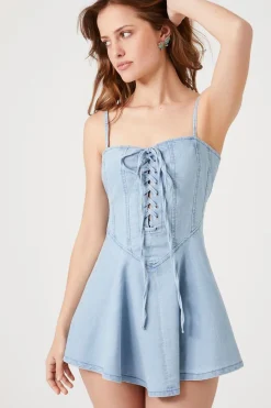 Denim Lace-Up Cami Mini Dress