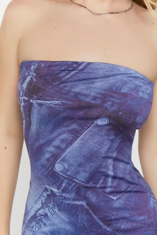 Denim Print Midi Tube Dress