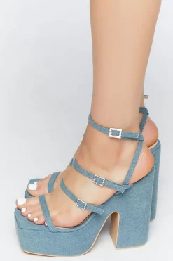 Denim Rhinestone Strappy Block Heels