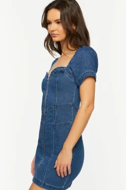 Denim Zip-Up Sweetheart Mini Dress
