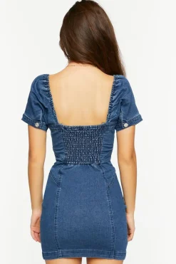 Denim Zip-Up Sweetheart Mini Dress