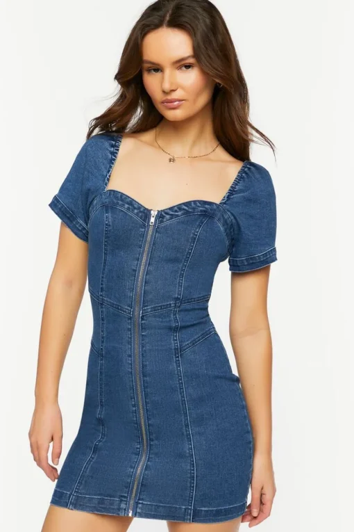 Denim Zip-Up Sweetheart Mini Dress