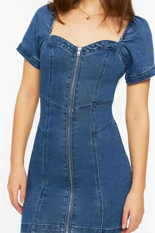 Denim Zip-Up Sweetheart Mini Dress