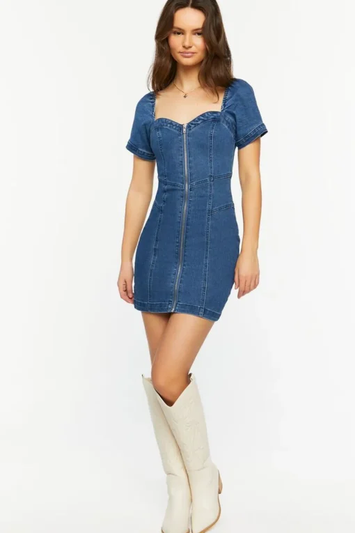 Denim Zip-Up Sweetheart Mini Dress