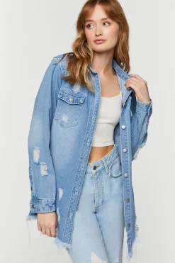 Distressed Denim Longline Trucker Jacket