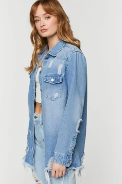 Distressed Denim Longline Trucker Jacket