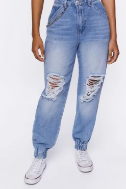 Distressed Denim Wallet Chain Joggers