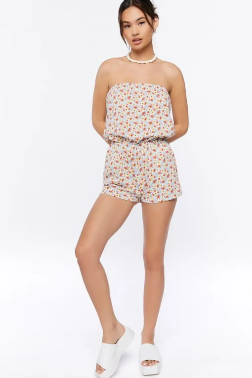 Ditsy Floral Print Strapless Romper