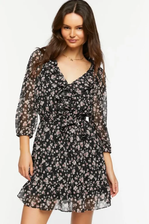 Ditsy Floral Ruffle-Trim Mini Dress