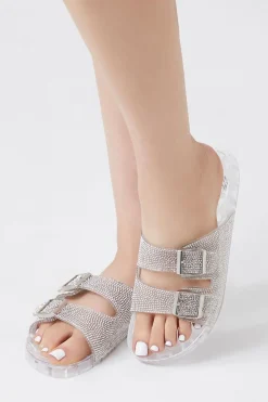 Dual-Buckle Rhinestone Jelly Slides