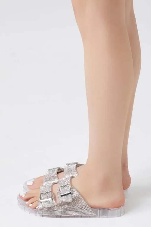Dual-Buckle Rhinestone Jelly Slides