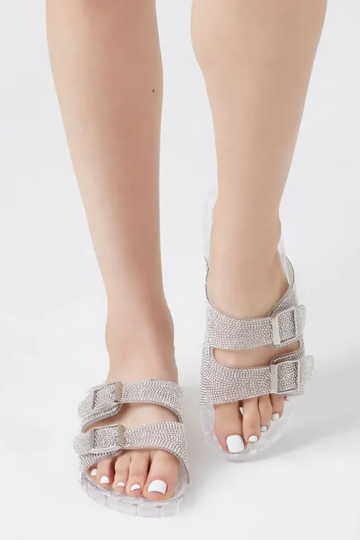 Dual-Buckle Rhinestone Jelly Slides