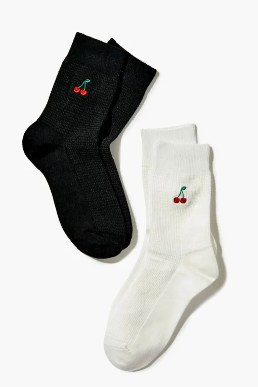 Embroidered Cherry Crew Sock Set - 2 Pack