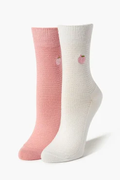 Embroidered Peach Crew Sock Set - 2 Pack