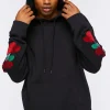 Embroidered Rose Drawstring Hoodie