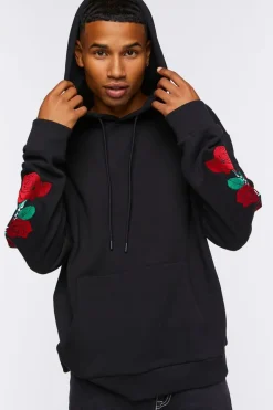 Embroidered Rose Drawstring Hoodie