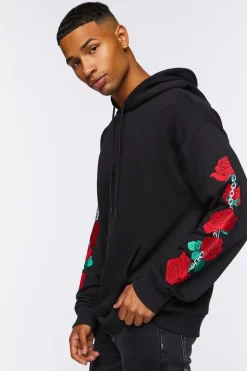 Embroidered Rose Drawstring Hoodie
