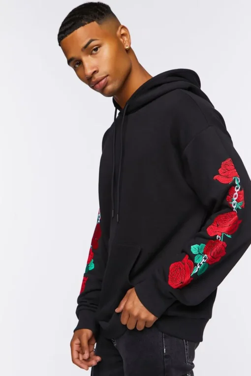 Embroidered Rose Drawstring Hoodie