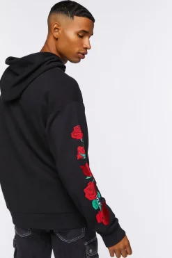 Embroidered Rose Drawstring Hoodie