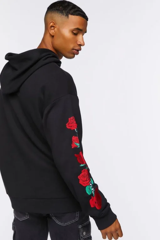 Embroidered Rose Drawstring Hoodie