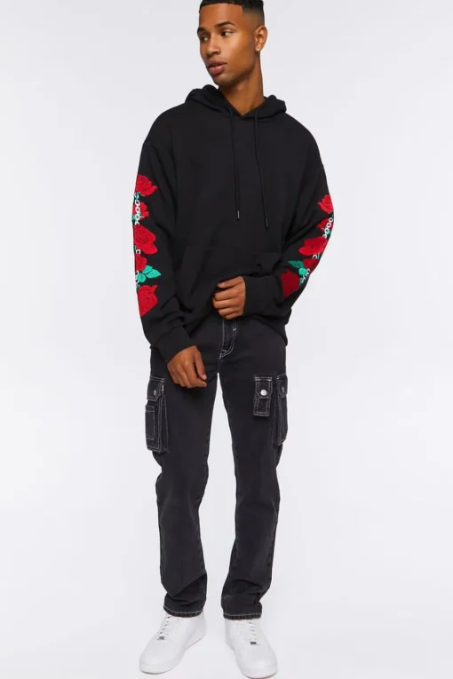 Embroidered Rose Drawstring Hoodie