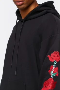 Embroidered Rose Drawstring Hoodie