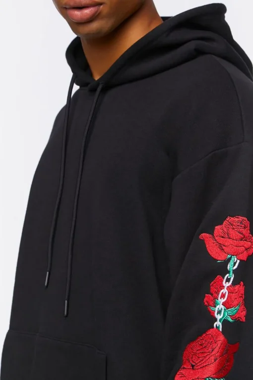 Embroidered Rose Drawstring Hoodie