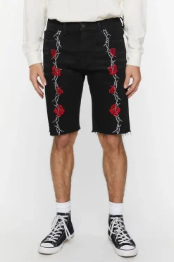 Embroidered Wire & Roses Denim Shorts