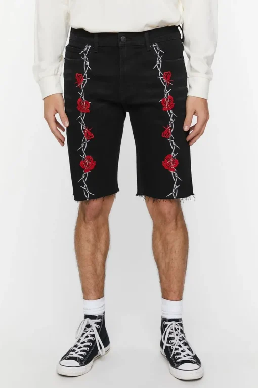 Embroidered Wire & Roses Denim Shorts
