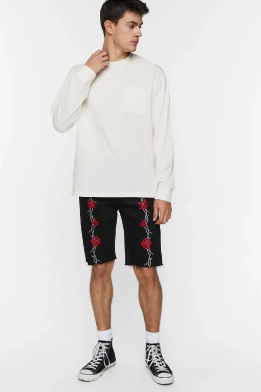 Embroidered Wire & Roses Denim Shorts