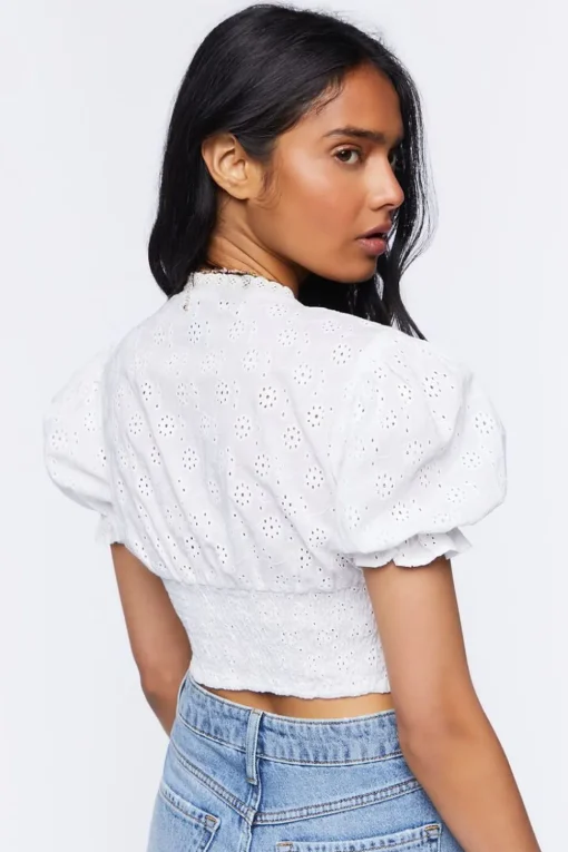 Eyelet Puff-Sleeve Crop Top