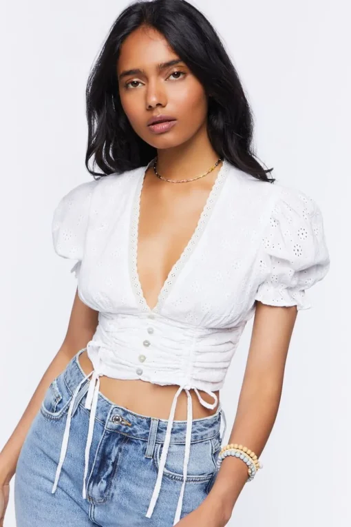 Eyelet Puff-Sleeve Crop Top