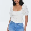 Eyelet Ruffle-Trim Crop Top