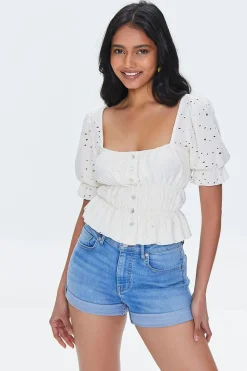 Eyelet Ruffle-Trim Crop Top